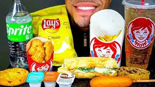 WENDY’S VS SUBWAY ASMR MUKBANG CORNDOG SUB SANDWICH FRIES FROSTY ICE CREAM CHIPS NO TALKING JERRY
