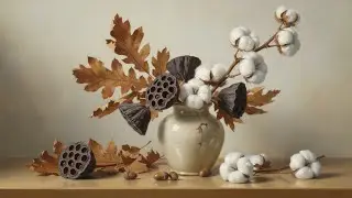 Samsung Frame TV Art - Cotton, Lotus Pods & Oak Leaves Still Life - Rustic Warmth