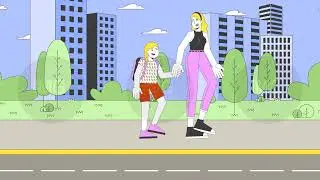 Mother daughter sidewalk strolling cartoon animation