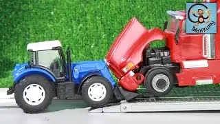 Cartoon cars. Tractor, wrecker, low loader, truck, car hauler, tram. Mankity