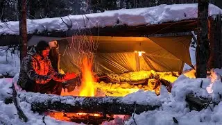 Winter Bushcraft Camping With Tarp Shelter