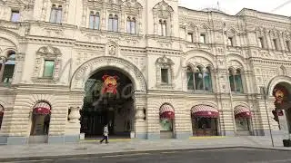 Moscow, Russia. GUM - Shopping and entertainment center. Entrance from Ilyinka street. Spring mor...