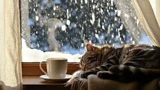 Relaxing 1950s Cozy Warm Morning With Oldies Playing In Another Room For Relaxation And It's Snowing