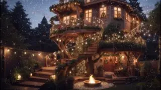 Christmas in a Cozy Tree House Ambience | Fireplace Sounds, Relaxing Jazz & Piano Music