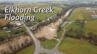 Aerial view over the North & South Elkhorn Creek flooding (4K)