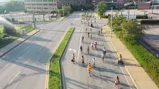 Drone Following World Naked Bike Ride Procession St Louis 2025 Down 18th thru Chouteau and Papin