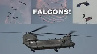 Parachute jump from Chinook helicopter (RAF Falcons Parachute Display Team)