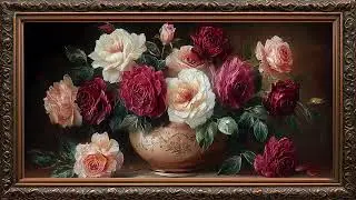 Vibrant Spring Roses Vase Samsung frame tv art | Frame TV ART | Golden Framed Art | 4k wallpaper
