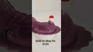 Vintage Mosser Glass Mini Hen on Nest Salt Cellar Purple & White Red Comb 3