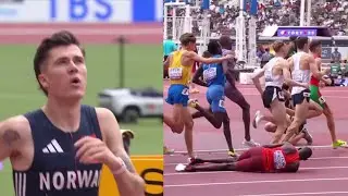 Jakob Ingebrigtsen heart breaking disqualificafion at Men's 1500m, Phanuel Koech fall down on track 