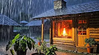 3 Hours of Deep Sleep: Rain Pounding on Warm Log Cabin | Dark Screen | Rain Sounds