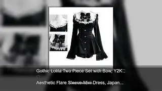 Gothic Lolita Two Piece Set with Bow, Y2K Aesthetic Flare Sleeve Mini Dress, Japanese Punk Styl