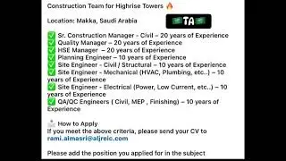 Hiring in Saudi Arabia | High-rise Tower Construction Jobs in Makkah |10&ndash;20Years Experience Required