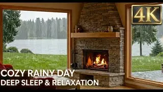 Heavy rain and crackling fireplace in a cozy cabin | Deep sleep, study and relaxation 4K