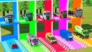 TRANSPORTING EXCAVATOR, MIXER TRUCK, WHEEL LOADER, POLICE CAR TO GARAGE WITH MAN TRUCK - FS22 612