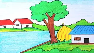 Easy landscape drawing for kids and beginners|Learn house and nature simple painting|Nature scenery 
