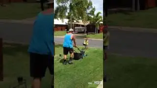 Adorable Little Boy Has Had Enough Of Mowing The Lawn