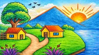 Natural scenery drawing| Village scenary drawing| Beautiful scenery drawing