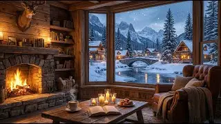 Serene Winter Coffee Shop Ambience ❄️ Relaxing Jazz Music & Fireplace Sounds for Study & Work