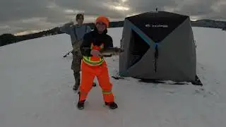 Ice fishing with Carson and Chris in Chris’s new pop up in a new spot for walleye on Calabogie lake.