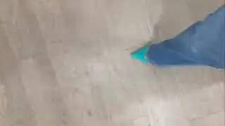 turquoise heels trot and blue jeans asmr walk on vilyl wood floor walking west