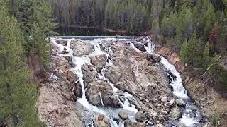 Sawmill Lake waterfall from spilling, Canyon Creek, Nevada County, CA May 2021 - HD 4k drone video