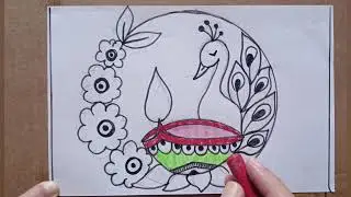 Beautiful Peacock with Diya Drawing |Easy Diwali Special Drawing for Kids |Step by Step Art Tutorial
