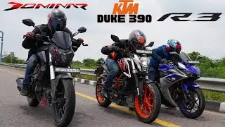 Yamaha R3 vs Duke 390 bs3 vs Dominar 400 Drag Race