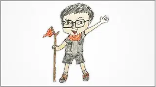 How to draw cute boy scout cartoon holding flag pole for kids