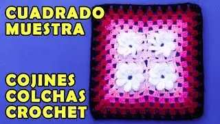 Cuadrado para colchas o cojines tejido a crochet de cuatro florcitas paso a paso
