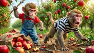 Baby Monkey Nana Protects His Apple Garden from a Naughty Thief 🍎🐒