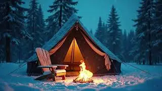 Night Camp in Snowy Forest (4 HOURS) | 4K UHD Fire, Wind & Owl Sounds for Sleep and Focus