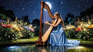 Starry Night Lakeside HARP Music 🌌 Magical Night Ambience for Deep Sleep & Relaxation