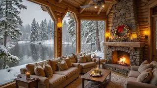 Tranquil Wooden Porch by Winter Lake ❄ Piano Music Background with Crackling Fire for Relaxation