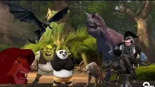 Simba, Po, Shrek, Hiccup and Toothless vs. Captain Gutt, Indoraptor, Shere Khan and Carnotaurus