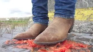 Justin Cowboy Boots food stomp, trample tomatoes to juice