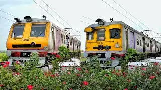 100 km/h super speedy EMU local trains furiously passing through rail road crossing