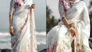 White Floral Digital Printed Linen Saree 💮💮