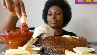 Asmr Mukbang grilled tilapia fish with white rice, fried yam and tomato sauce.