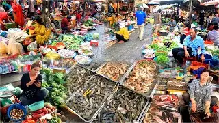 Cambodian Market Tour Daily Fresh Food, Fish, Vegetables, Fruits And More.