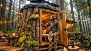 Building a house in the forest ASMR   This man built a mini house inside a tree trunk by himself