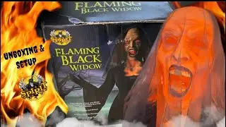 unboxing a BRAND NEW 2015 FLAMING BLACK WIDOW witch animatronic from spirit Halloween