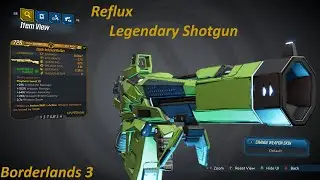 Borderlands 3: Reflux, legendary shotgun. Fires 7 projectiles in a biohazard symbol pattern.