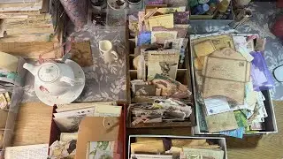 Sort and organise my hoard of hand made junk journal ephemera  with me . Look at this stash pile !!