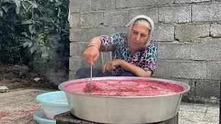 A hard day in the village, Tahereh is making fruit leather the traditional way 🍑