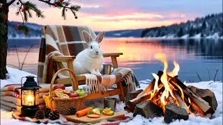 ❄️ Winter River Campfire Ambience 🔥 Cozy Snow Sunset with Bunny by the Lake 🐇