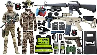 Unpacking Special Police Weapon Toy Set, F4 Assault Rifle,SR410 shotgun,shield,handcuffs, M1911 Colt