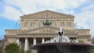 Moscow, Russia. The Bolshoi Theatre facade with Apollo's Quadriga. The Theatre Fountain designed ...