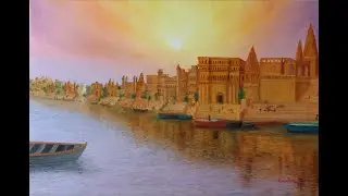 Painting Varanasi Ganga ghat, cityscape, temples, fort, sunrise sky, river reflection by Goutami