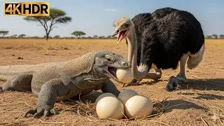 Terrifying Clash | Ostrich protects her eggs from Komodo Dragons